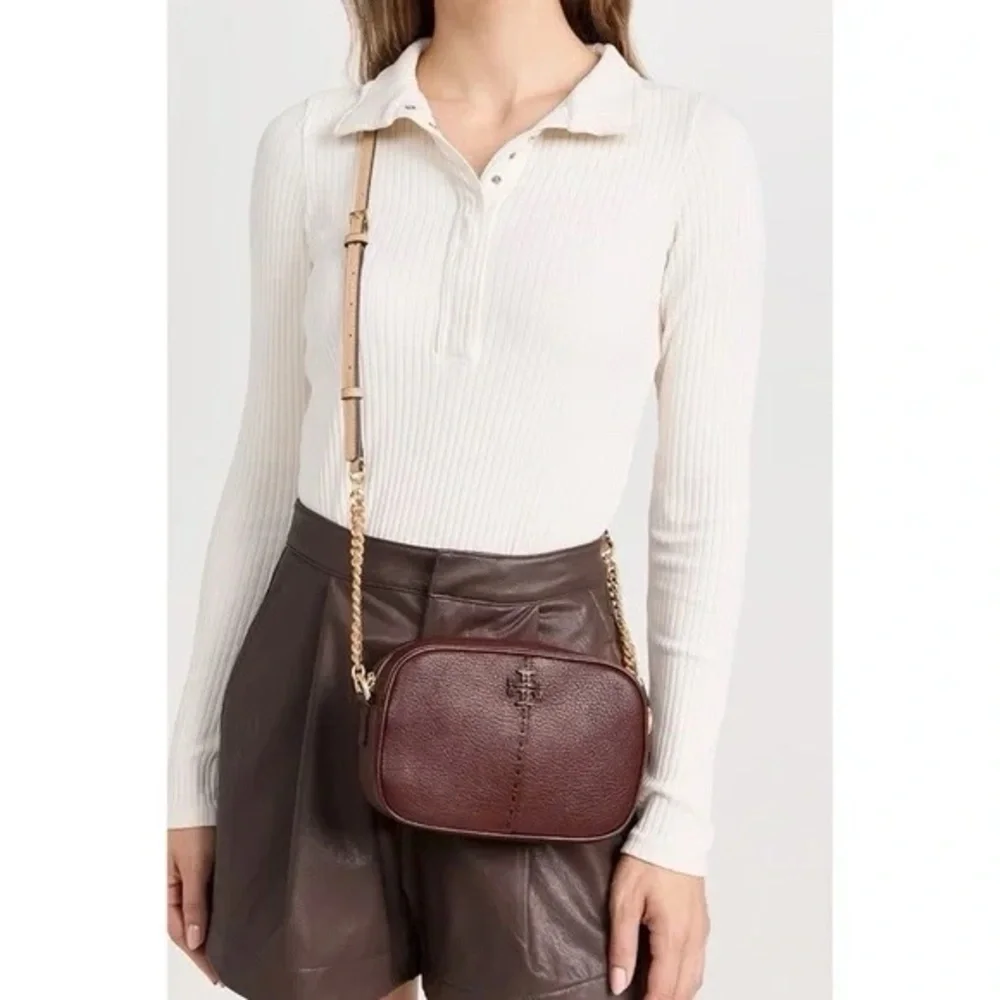 TORY BURCH McGraw Textured Leather Camera Bag in Wine Brown